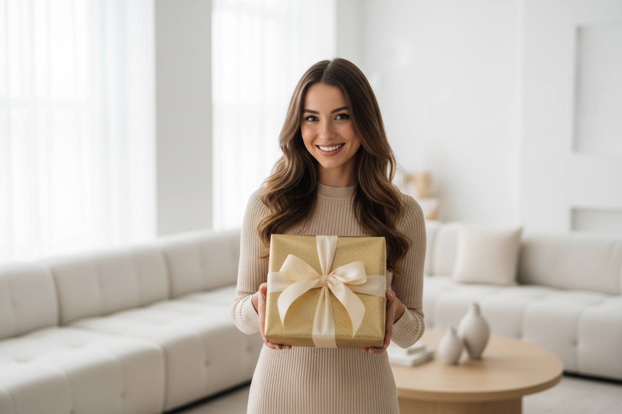 Can you make a second one similiar but with a professional looking lounge behind her with a couch and white background.